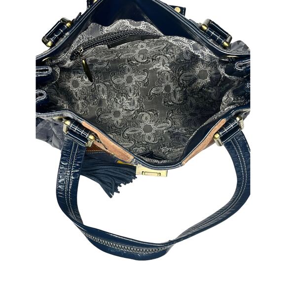 1980s Original by Sharif LEATHER & SUEDE HANDBAG Blue Brown Shoulder Purse Y2k - Picture 4 of 10